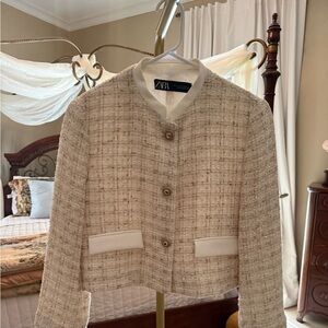 Zara Cream Textured Bouclé Collarless Jacket